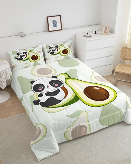 Kids Cute Panda Bedding Set Twin Kawaii Avocado Comforter Set for Boys Girls Bedroom Dorm Decor,Fruit Cartoon Exotic Animal Bedding Comforter Sets Giant Panda Bed Quilt Sets 2 Pcs Green Black White - LeafyLoom