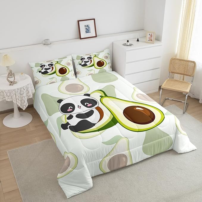 Kids Cute Panda Bedding Set Twin Kawaii Avocado Comforter Set for Boys Girls Bedroom Dorm Decor,Fruit Cartoon Exotic Animal Bedding Comforter Sets Giant Panda Bed Quilt Sets 2 Pcs Green Black White - LeafyLoom