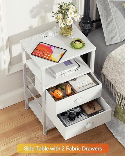 Furologee Nightstand with Charging Station, White Night Stand with LED Lights, 3-Tier Storage End Table with Fabric Drawers, Side Table with USB Ports & Outlets for Lving Room/Bedroom - LeafyLoom