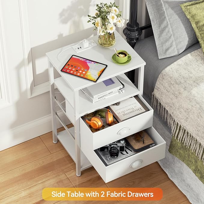 Furologee Nightstand with Charging Station, White Night Stand with LED Lights, 3-Tier Storage End Table with Fabric Drawers, Side Table with USB Ports & Outlets for Lving Room/Bedroom - LeafyLoom