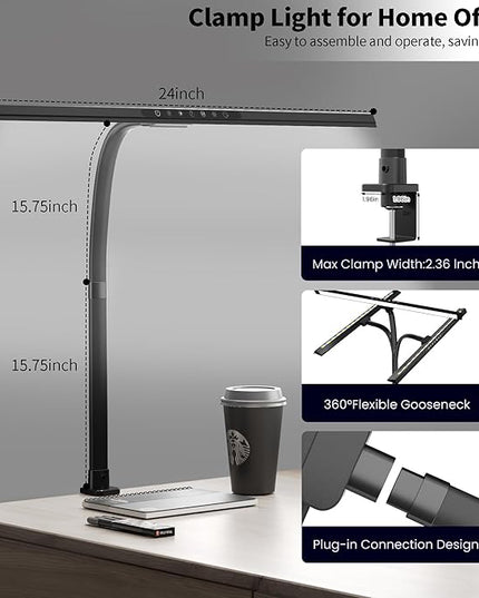 2-in-1 Desk Lamp with RGB Backlight,Architect Desk Lamps for Home Office,24W Tall Desk Lamp with Clamp,60"Timer,25 Lighting Modes,Eye Protection Swing Arm Lamp for Home/Office/Gaming/Study - LeafyLoom