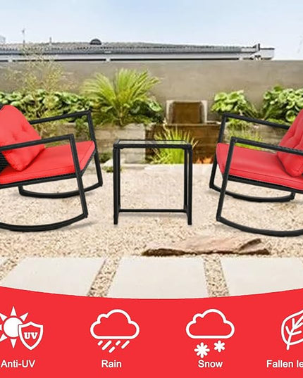 FDW 3 Piece Wicker Patio Furniture Sets Rocking Chair Outdoor Bistro Set Patio Set Rattan Chair Conversation Set with Porch Chairs and Coffee Table,Red - LeafyLoom