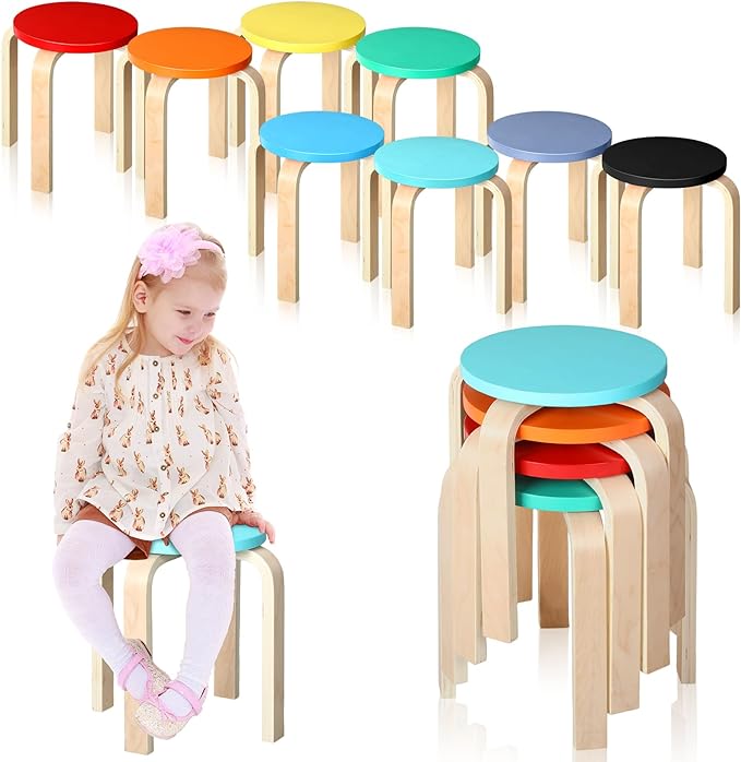 12 Inch Bentwood Stacking Stool for Kids Colored Durable Round Nesting Stool Flexible Wood Stackable Stool Chairs for Playroom Daycare Home Classroom(Colorful,8 Pcs) - LeafyLoom