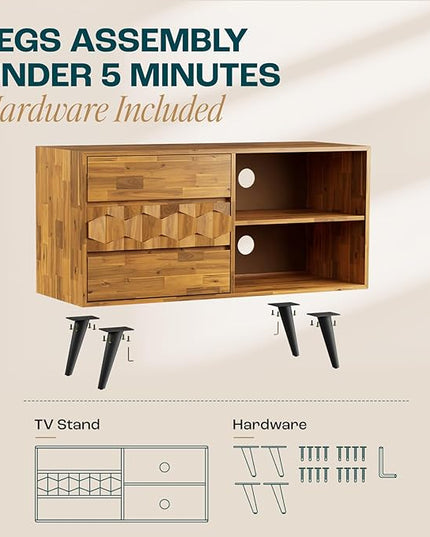 Bme 45 Inch Solid Wood TV Stand and Geometric Pattern 2 Drawer Console Table Bundle for Living Room and Entryway, Teak Brown - LeafyLoom