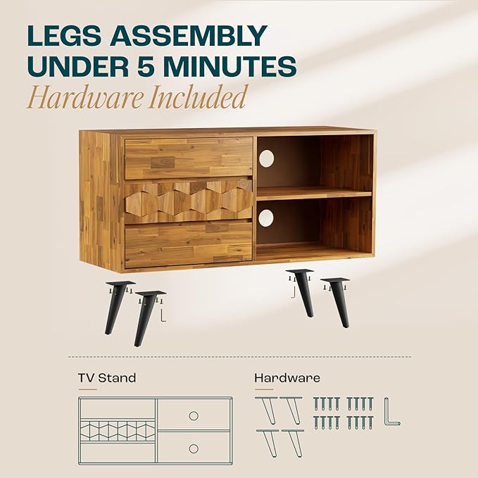 Bme 45 Inch Solid Wood TV Stand and Geometric Pattern 2 Drawer Console Table Bundle for Living Room and Entryway, Teak Brown - LeafyLoom