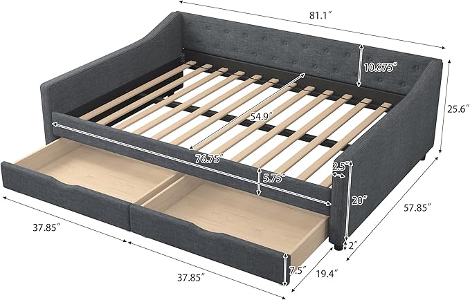 Full Size Daybed with Drawers, Linen Upholstered Tufted Sofa Bed Frame with Button on Back, Waved Shape Arms, Wooden Slats Support, Space-Saving, for Apartment, Bedroom, Dark Grey - LeafyLoom