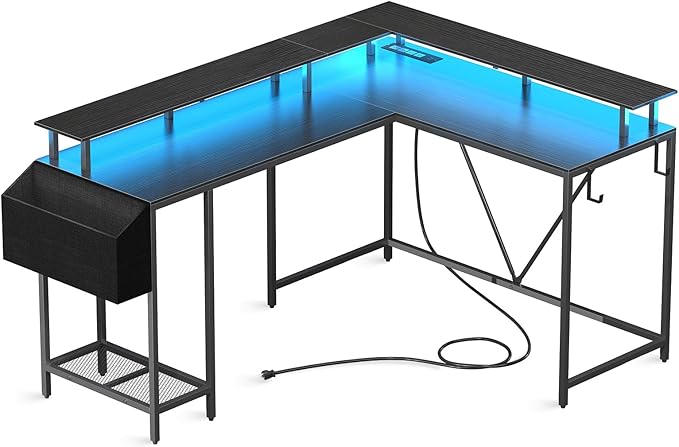 L Shaped Gaming Desk with Power Outlets & LED Lights, Computer Desk with Monitor Stand & Storage Shelf, Home Office Desk Corner Desk with Hooks, Easy to Assemble, Black - LeafyLoom