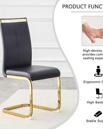 Modern Dining Chairs Set of 2, Side Dining Room Chairs with Golden Legs, Kitchen Chairs with Faux Leather Padded Seat High Back, Chairs for Dining Room,Kitchen, Living Room Black - LeafyLoom
