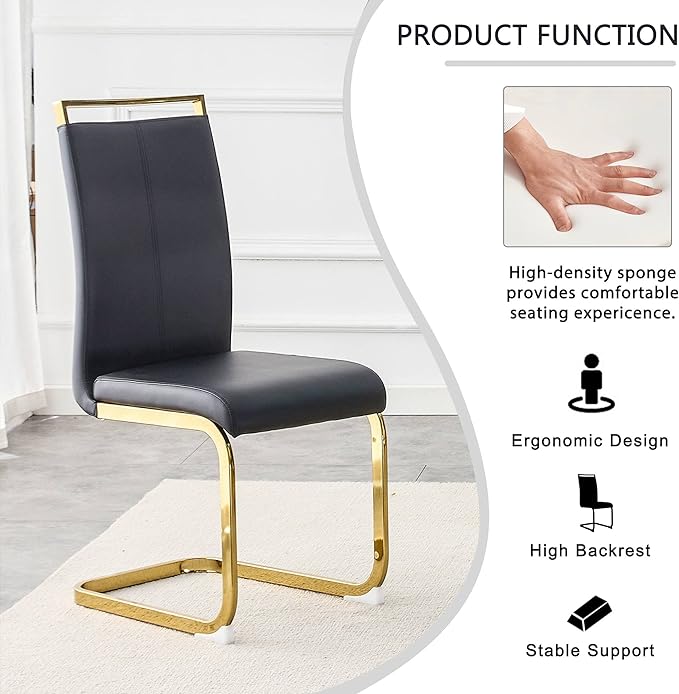 Modern Dining Chairs Set of 2, Side Dining Room Chairs with Golden Legs, Kitchen Chairs with Faux Leather Padded Seat High Back, Chairs for Dining Room,Kitchen, Living Room Black - LeafyLoom