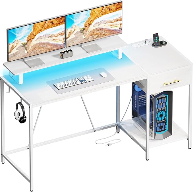 White Computer Desk with Drawer and Power Outlets, 55" Office Desk with Monitor Stand and Sheleves,Writing Study Gaming Desks with Led Light and Headphone Hook for Bedroom - LeafyLoom