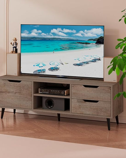 Maxtown TV Stands for Living Room, TV Console Table for 55 Inch TV, Entertainment Center with 1 Cabinet, 2 drawers, Media Console with Metal Feet for Bedroom, Living Room, Walnut - LeafyLoom