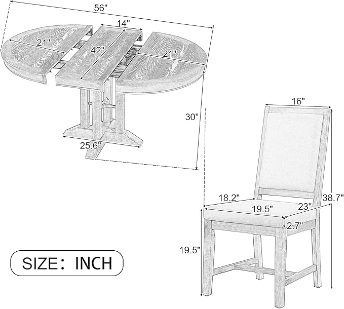 RITSU Farmhouse 5-Piece Dining Set, Included Retro Extendable Round Table with X-Shape Base and 4 Upholstered Chairs, Solid Wood Adjustable Dinette Furniture for Kitchen Living Room, Natural, 1 - LeafyLoom