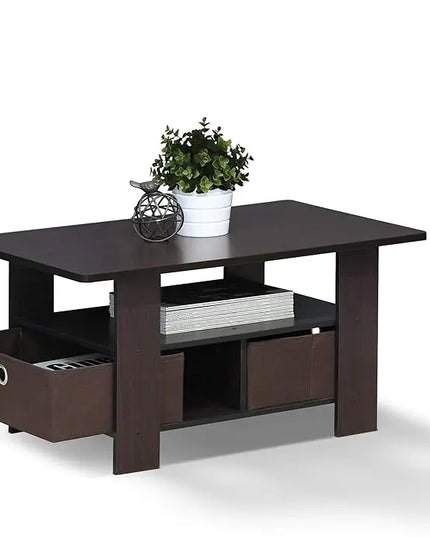Furinno Andrey Coffee Table with Bin Drawer, Dark Walnut - LeafyLoom