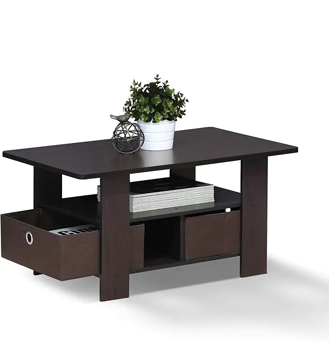 Furinno Andrey Coffee Table with Bin Drawer, Dark Walnut - LeafyLoom