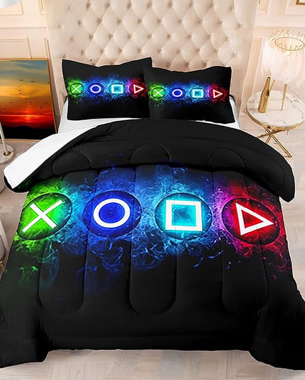 Gaming Comforter Sets for Boys, Gamer Bedding Sets for Boys Queen Size, Black Gaming Gamepad Soft Kids Comforter Sets Boys Bedroon, 1 Comforter and 2 Pillowcases - LeafyLoom