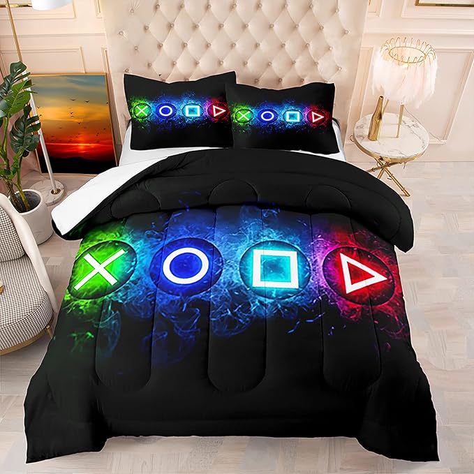 Gamer Comforter Sets for Boys, Video Gaming Comforter Set Full Size, Cool Black Gamer Gamepad Bedding Sets for Boys Kids Playroom Decor, 1 Comforter and 2 Pillowcases - LeafyLoom