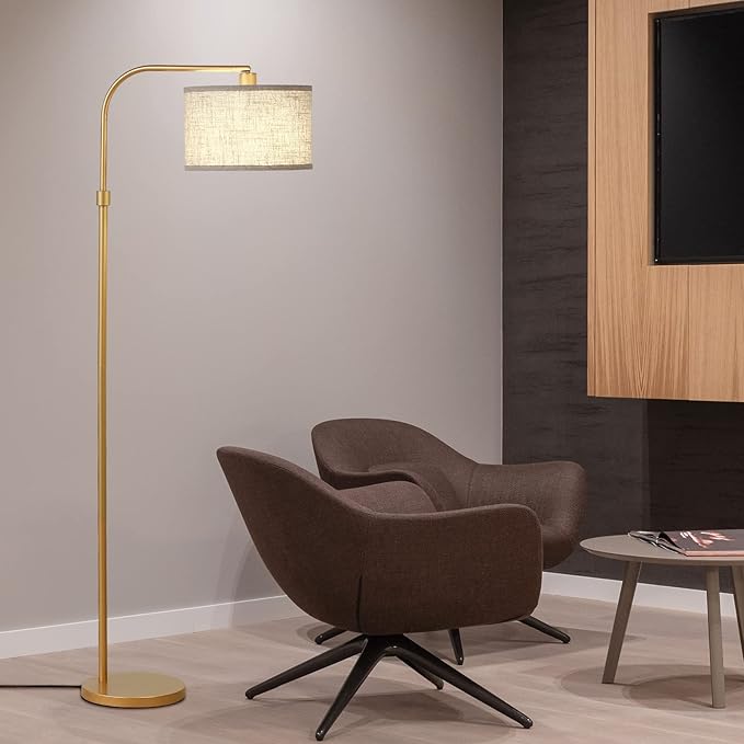 EDISHINE Arc Floor Lamp for Living Room, Modern Standing Lamp with Adjustable Drum Shade, Gold Reading Lamp Corner Light with Foot Switch for Bedroom, Office, Kids Room - LeafyLoom