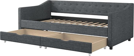 Twin Size Daybed with Drawers, Linen Upholstered Tufted Sofa Bedframe with Button on Back, Waved Shape Arms, Wooden Slats Support, for Apartment,Bedroom, Dark Grey - LeafyLoom