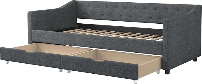 Twin Size Daybed with Drawers, Linen Upholstered Tufted Sofa Bedframe with Button on Back, Waved Shape Arms, Wooden Slats Support, for Apartment,Bedroom, Dark Grey - LeafyLoom