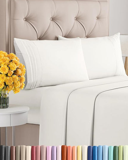 Queen Size 4 Piece Sheet Set - Comfy Breathable & Cooling Sheets - Hotel Luxury Bed Sheets for Women & Men - Deep Pockets, Easy-Fit, Extra Soft & Wrinkle Free - Antique White Oeko-Tex Bed Sheet Set - LeafyLoom