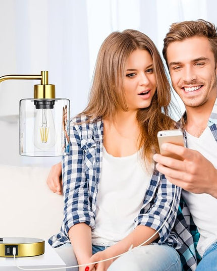 Industrial Touch Control Table Lamps Set of 2 - Gold Nightstand Bedside Lamps with 2 USB Ports & AC Outlet, 3-Way Dimmable Desk Lamp for Bedroom Living Room, Glass Shade & 2 LED Bulbs Included - LeafyLoom