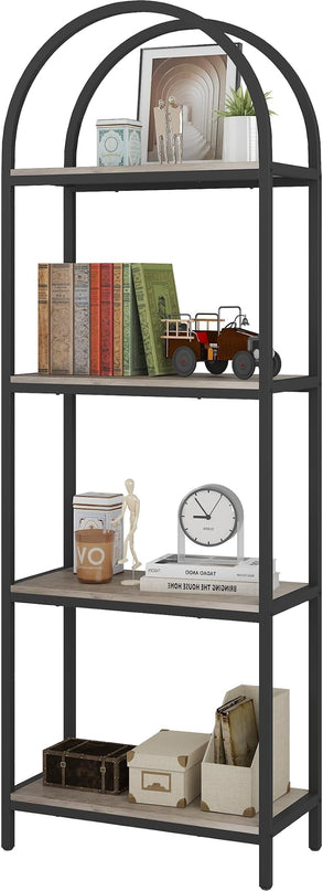 Yusong Bookshelf 4 Tier Arched Bookcase, 71.3" Tall Industrial Open Book Shelves for Living Room, Modern Freestanding Display Shelving Storage Rack Metal Frame, Office, Bedroom, Grey - LeafyLoom