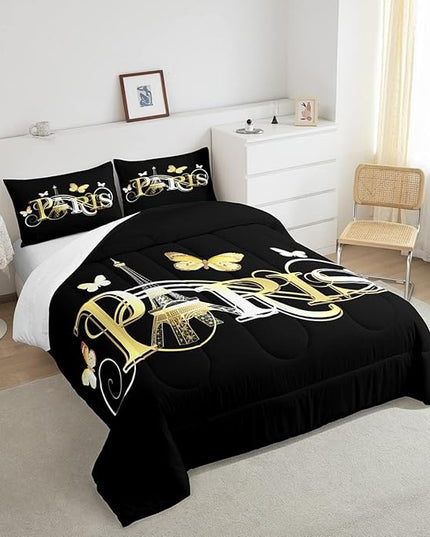 Eiffel Tower Comforter Chic Paris Theme Bedding Set for Kids Boys Girls Butterfly Paris Cityscape Printed Comforter Set Modern French Style Duvet Set Golden Black Bedroom Decor Quilt Set Full Size - LeafyLoom