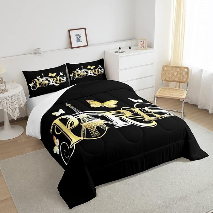 Eiffel Tower Comforter Chic Paris Theme Bedding Set for Kids Boys Girls Butterfly Paris Cityscape Printed Comforter Set Modern French Style Duvet Set Golden Black Bedroom Decor Quilt Set Full Size - LeafyLoom