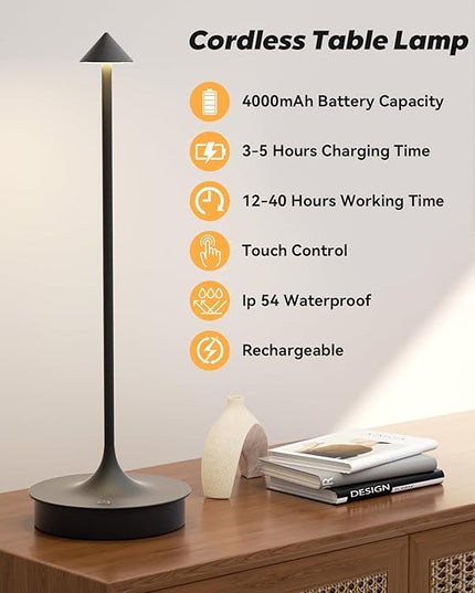 Cordless Table Lamp Rechargeable, Battery Operated Desk Lamp, 4000mAh LED Touch Lamp, Dimmable Portable Outdoor Waterproof Wireless Table Light for Restaurants/Bars/Outdoor(1PC, Black) - LeafyLoom