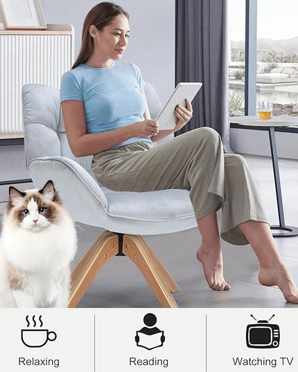 Fabric Accent Chair, Modern Cozy Vanity Chair with Wood Legs, Upholstered Single Boucle Armchair Single Sofa for Living Room Bedroom Office Guest Room Dining Room (Light Grey) - LeafyLoom