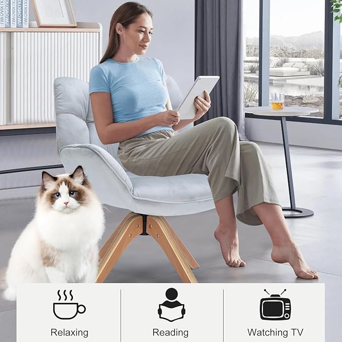 Fabric Accent Chair, Modern Cozy Vanity Chair with Wood Legs, Upholstered Single Boucle Armchair Single Sofa for Living Room Bedroom Office Guest Room Dining Room (Light Grey) - LeafyLoom