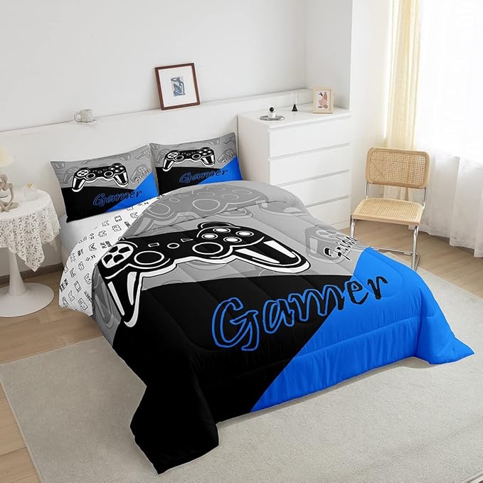 Feelyou Gaming Comforter for Boys Teen Video Game Bedding Set for Kids Gamer Comforter for All Season Gamepad Home Decor for Comforter Set Queen Size,1 Comforter with 2 Pillowcases Blue Black Grey - LeafyLoom