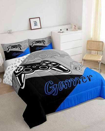 Feelyou Gaming Comforter for Boys Teen Video Game Bedding Set for Kids Gamer Comforter for All Season Gamepad Home Decor for Comforter Set Twin Size,1 Comforter with 1 Pillowcase Blue Black Grey - LeafyLoom