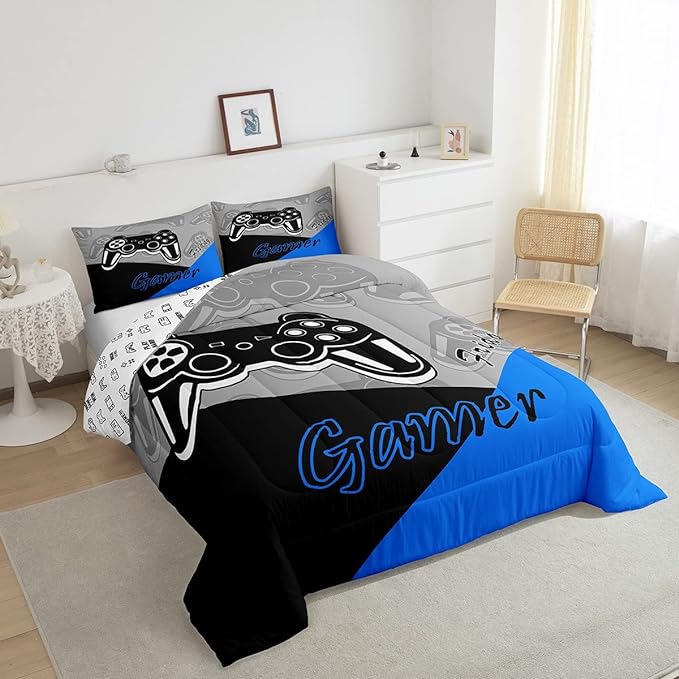 Feelyou Gaming Comforter for Boys Teen Video Game Bedding Set for Kids Gamer Comforter for All Season Gamepad Home Decor for Comforter Set Twin Size,1 Comforter with 1 Pillowcase Blue Black Grey - LeafyLoom