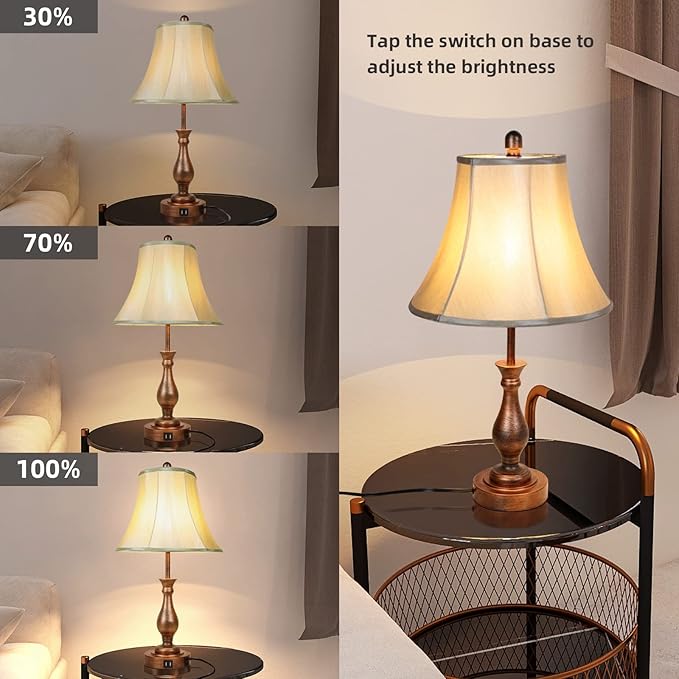 Farmhouse Table Lamp Touch Control 3-Way Dimmable Table Lamp, Modern Nightstand Lamp with 2 USB Port Bedside Desk Lamp with Fabric Shade for Living Room Bedroom Hotel (Pack-001) - LeafyLoom