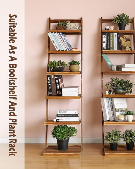 HYNAWIN 6 tier bookshelf ladder shelf-Large Bamboo Storage Shelves Wall Leaning Shelf for Garage, Kitchen, Office,Corner Display Bookcase - LeafyLoom