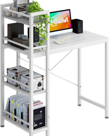 4NM 35" Small Computer Desk with 4-Tier Bookshelf, Home Office Desk Writing Workstation Study Table Multipurpose for Small Space Work - All White - LeafyLoom