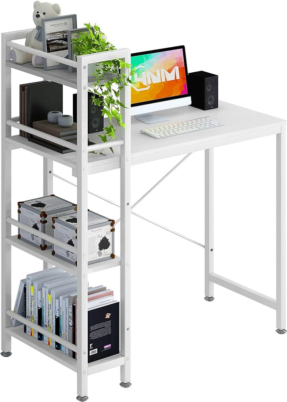 4NM 35" Small Computer Desk with 4-Tier Bookshelf, Home Office Desk Writing Workstation Study Table Multipurpose for Small Space Work - All White - LeafyLoom