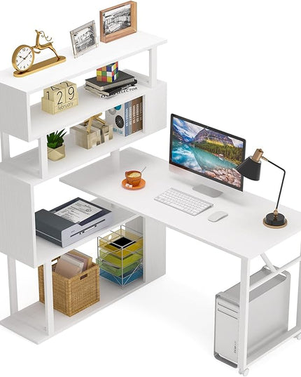 Rotating Computer Desk L-Shaped Office Desk with 5 Shelves Bookcase, Reversible Writing Desk Study Table with Wheels for Home Office, White - LeafyLoom