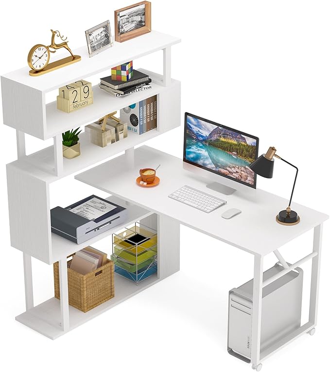 Rotating Computer Desk L-Shaped Office Desk with 5 Shelves Bookcase, Reversible Writing Desk Study Table with Wheels for Home Office, White - LeafyLoom