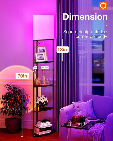 addlon Smart 5-Tier Shelf Floor Lamp with RGB Bulb and White Lamp Shade - Corner Display Floor Lamps with Shelves for Living Room, Bedroom and Office - Black - LeafyLoom