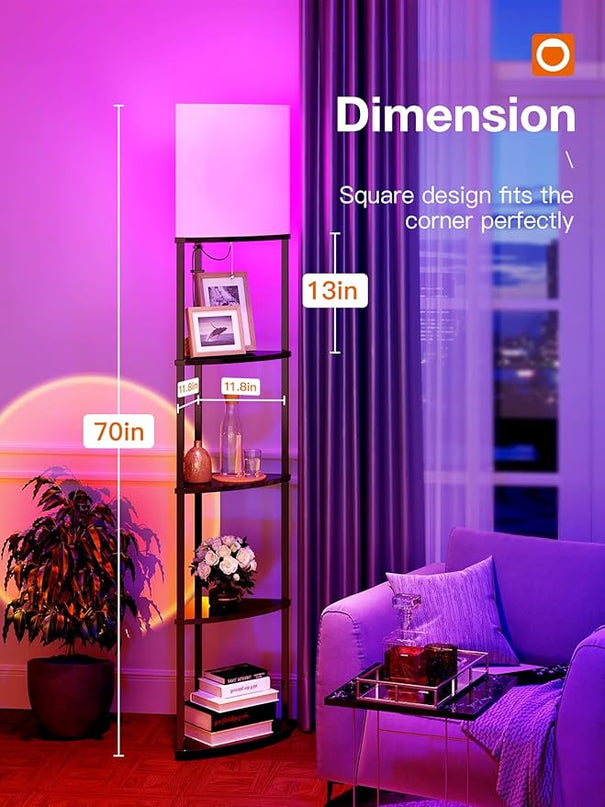 addlon Smart 5-Tier Shelf Floor Lamp with RGB Bulb and White Lamp Shade - Corner Display Floor Lamps with Shelves for Living Room, Bedroom and Office - Black - LeafyLoom