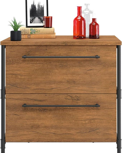 Sauder Iron City Lateral File, L: 31.50" x W: 20.00" x H: 30.00", Checked Oak Finish - LeafyLoom