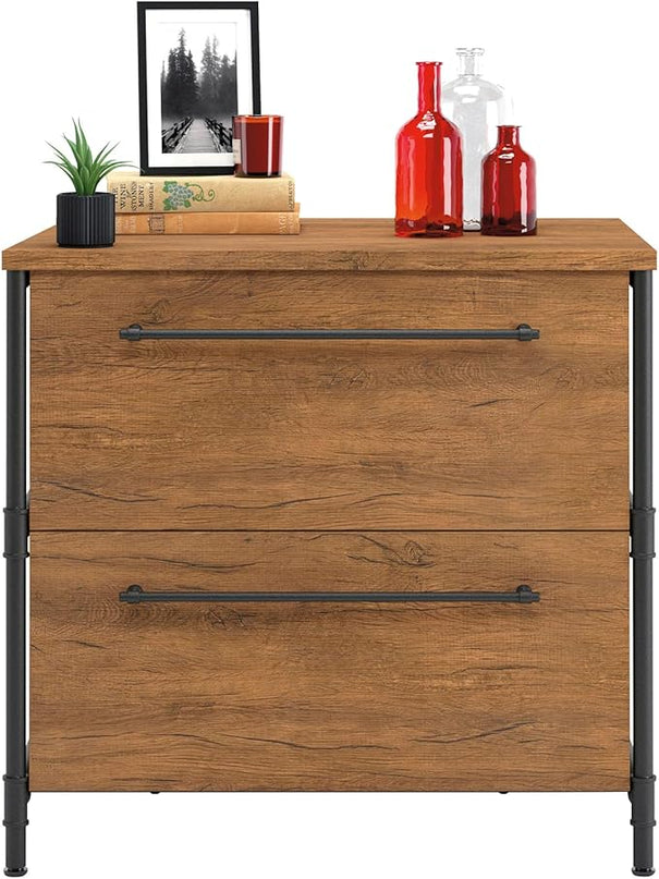 Sauder Iron City Lateral File, L: 31.50" x W: 20.00" x H: 30.00", Checked Oak Finish - LeafyLoom