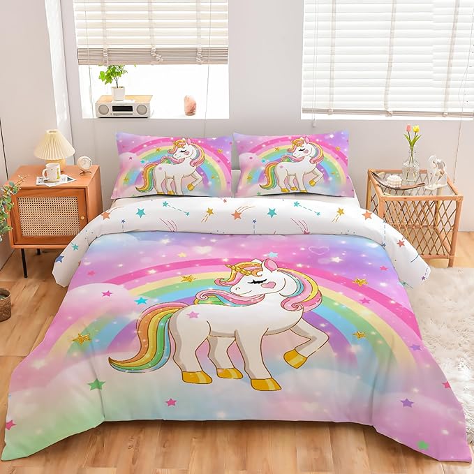 Aimuan Girls Unicorn Comforter Set 3 Pieces Pink Purple Bedding Set with Rainbow Star Galaxy Stars Fantasy Children Room Decor Soft Reversible Bed Sets for Boys/Girls/Teens (Rainbow Twin3Pcs) - LeafyLoom