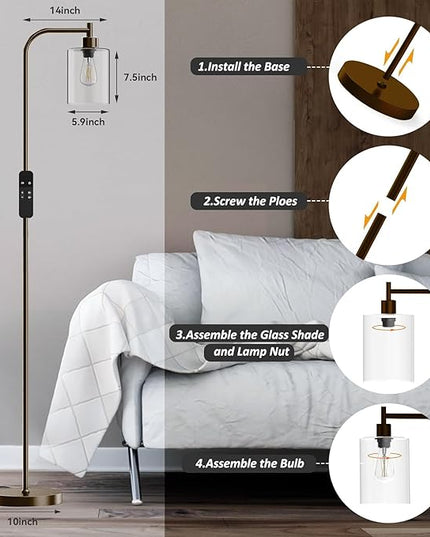 PAZZO LED Floor Lamp, Industrial Standing Lamp with Glass Lampshade, Ideal for Living Room, Bedroom, and Office,Brown(includes Remote Control) - LeafyLoom