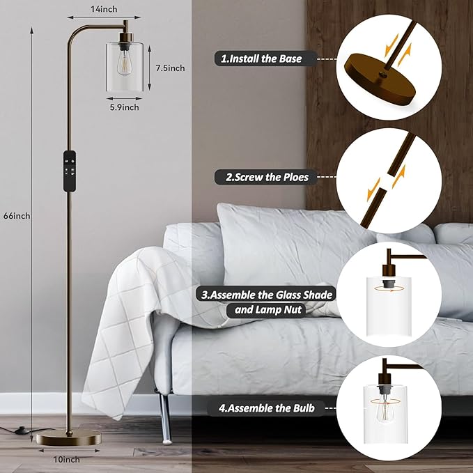 PAZZO LED Floor Lamp, Industrial Standing Lamp with Glass Lampshade, Ideal for Living Room, Bedroom, and Office,Brown(includes Remote Control) - LeafyLoom