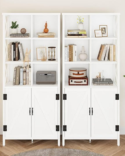 FATORRI Bookshelf with Doors, Modern Tall Bookshelf with Cabinet, Wood Book Shelf and Farmhouse Organizer Storage BookCase for Living Room (White Oak) - LeafyLoom