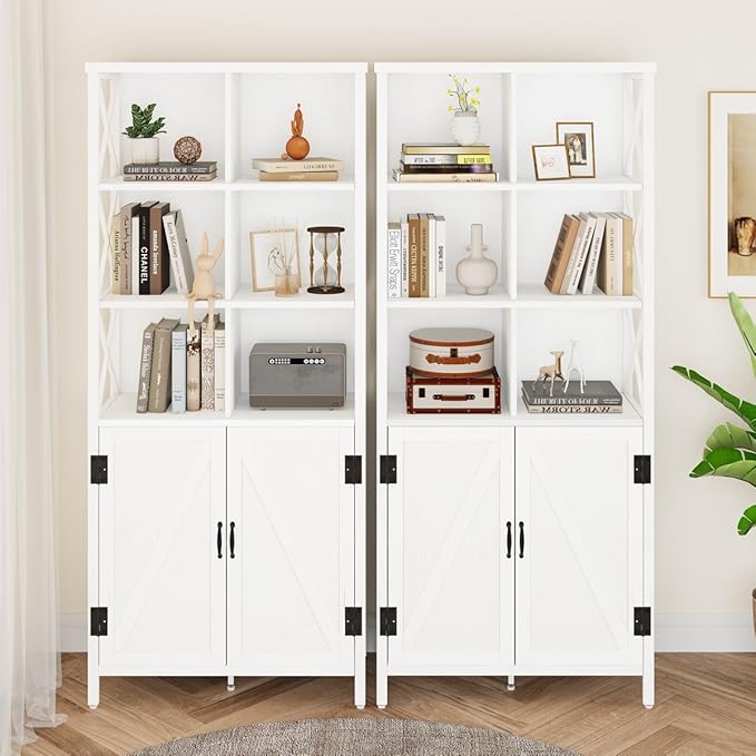 FATORRI Bookshelf with Doors, Modern Tall Bookshelf with Cabinet, Wood Book Shelf and Farmhouse Organizer Storage BookCase for Living Room (White Oak) - LeafyLoom