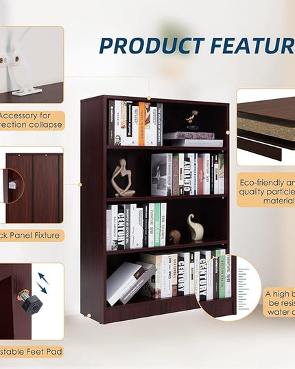 Farini Mahogany Bookshelf for Bedroom 4 Shelf Office Bookcase 48 Inches Tall Modern Wood Bookshelf for Living Room 4 Tier Wide Manga Bookshelf Library Bookcase - LeafyLoom